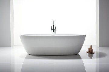 Fototapeta na wymiar A contemporary bathtub in white color, featuring a stainless steel faucet, set against a white backdrop in isolation.