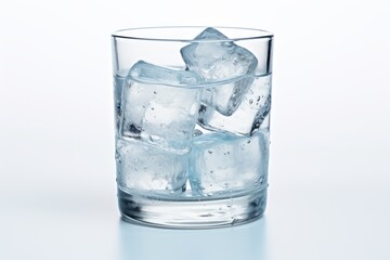 A glass containing ice made from water, set apart on a white background.