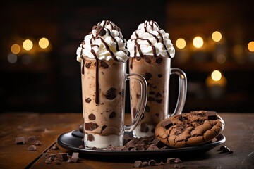 A milkshake made with chocolate cookies and served in tall mugs, topped with whipped cream infused with chocolate. - obrazy, fototapety, plakaty