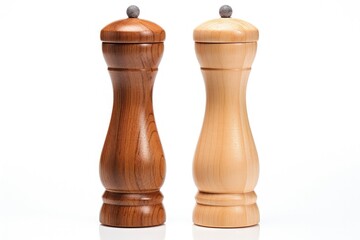Isolated white salt shaker and pepper mill made of wood