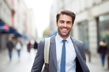 Happy smart young man with a wide smile in elegant clothes out on the street. close up image with shallow depth of field.