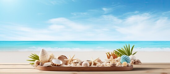 Wooden podium at a tropical beach showcasing summer products