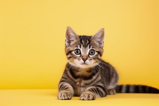 Isolated young tabby cat on yellow background with copy space for design