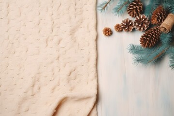 Fototapeta premium Christmas scene featuring items such as a gift blanket pine cones and fir branches on a white background Overhead view with space for text