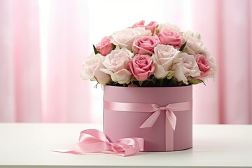 Flowers in round and pink gift boxes on a white table for various occasions Floral arrangement in a hat box