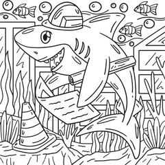 Fototapeta na wymiar Engineer Shark Coloring Page for Kids
