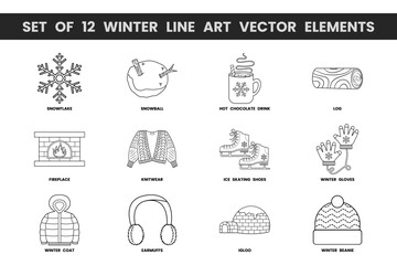 Set of 12 winter line art vector elements. Vector illustrations with winter theme and line art vector style. Editable vector elements.