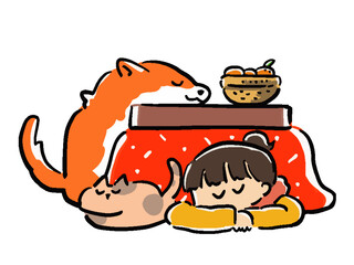 こたつでくつろぐ女性と犬と猫のイラスト