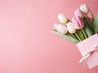 Pink tulips flowers and gift box on pink background Celebration concept