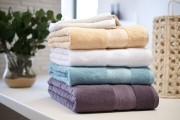 Obraz na płótnie Canvas The picture showcases a set of 5 plush bath towels displayed separately The close up image highlights the intricate weaving of the terrycloth fabric These towels are made of brand ne
