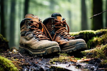 A pair of worn-out hiking boots resting on a mossy forest floor. Concept of outdoor adventures and nature exploration. Generative Ai.