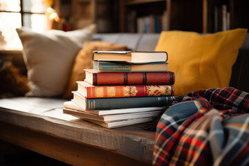 A stack of colorful, well-loved books on a cozy reading nook. Concept of literary escape and...