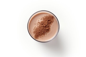 Top view of a refreshing chocolate milkshake or smoothie in a glass, placed alone on a white background.
