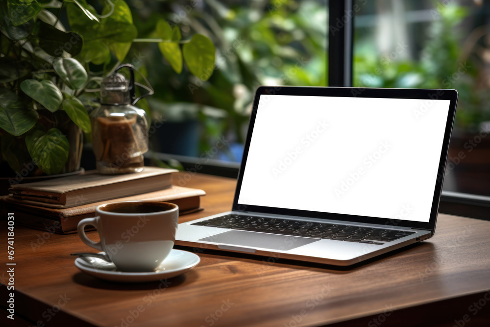 Poster a laptop with a blank screen on a tidy desk with a cup of pens. concept of productivity and remote w
