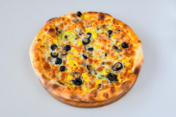 Delicious mixed pizza with rich content. Menu concept of choice and diversity. Pepperoni, Formaggi, Veggie, Karisik pizza