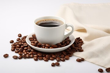 White background with coffee cup and beans