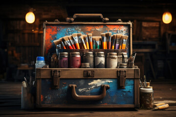 A toolbox filled with various art supplies and brushes. Concept of artistic expression and painting. Generative Ai. - obrazy, fototapety, plakaty