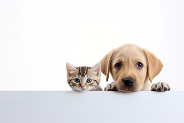 Labrador puppy and kitten peek over blank sign for sale ad