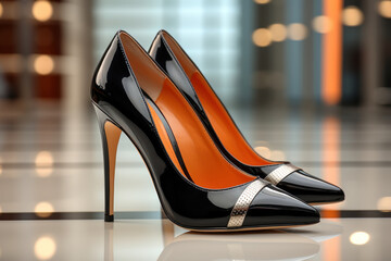 A pair of elegant high heels on a sleek, polished floor. Concept of fashion and sophistication. Generative Ai.