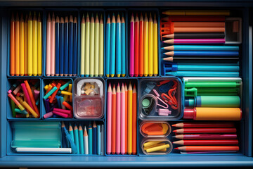 A well-organized stationery drawer with pens, paper, and clips. Concept of office supplies and organization. Generative Ai. - obrazy, fototapety, plakaty