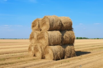 Large haystack for harvesting hay for animal feed on a farm field with hayforks against a blue sky