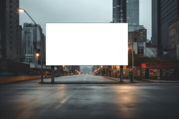 A blank billboard towering over a city street. Concept of advertising and promotion. Generative Ai.