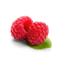 Isolated with a soft, transparent shadow, this raspberry is ripe, juicy, and accompanied by a leaf