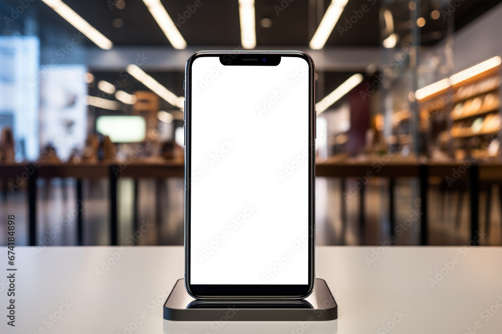 Poster a storefront window featuring a mock-up of a new smartphone. concept of technology product launches.