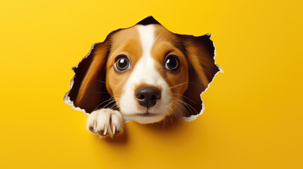 cute puppy peeking out of hole in yellow wall, generative ai