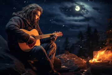 A musician playing a guitar around a campfire under a starry night sky. Concept of music and...