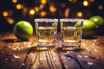 Mexican gold tequila served in shot glasses with lime salt and a selective focus on a toned image