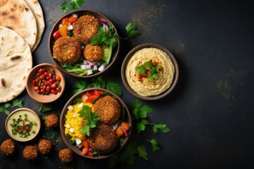 Middle Eastern or Arab cuisines falafel hummus tabouleh pita and veggies on concrete background top down view space for writing