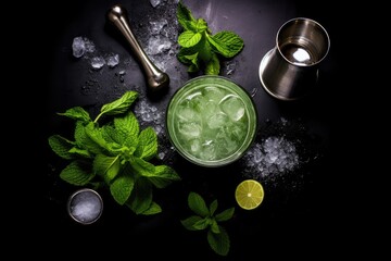 Mint julep cocktail in a metal glass with bar accessories on a black background - obrazy, fototapety, plakaty