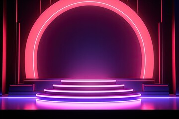 Neon lit geometric forms and podiums display products on an abstract background - obrazy, fototapety, plakaty