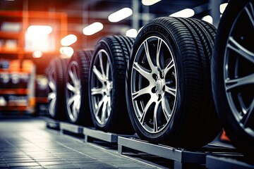 New tires in an auto repair center with a blurry background of a new car in stock set at a big warehouse - obrazy, fototapety, plakaty