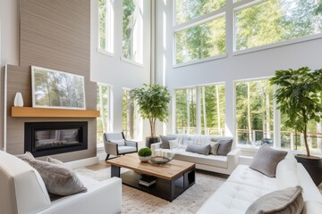 New contemporary luxury home with a beautiful bright living room featuring a large fireplace surrounding windows and a view of trees and blue sky