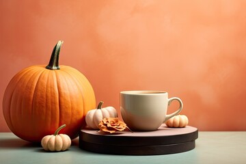 Spicy pumpkin coffee concept with pastel colors pumpkins and a geometric podium copy space available