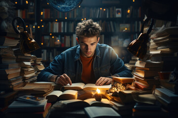 A student studying diligently at a cluttered desk, surrounded by textbooks. Concept of education...