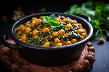 Spicy Moroccan chickpea stew with spinach arranged on flat surface
