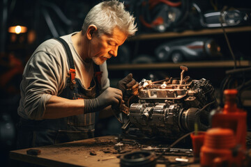 A mechanic repairing a vintage car with passion and expertise. Concept of automotive restoration and craftsmanship. Generative Ai.