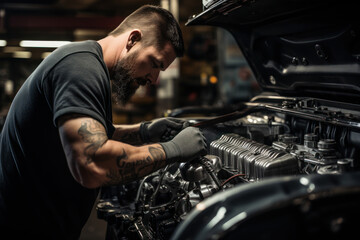 Fototapeta na wymiar A mechanic repairing a vintage car with passion and expertise. Concept of automotive restoration and craftsmanship. Generative Ai.