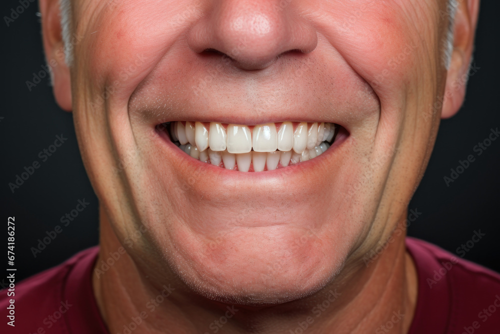 Sticker A smiling patient confidently showing their restored teeth with dental implants. Concept of improved self-esteem and oral function. Generative Ai.