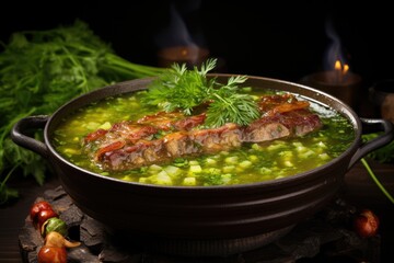 Steaming soup with ribs and herbs in a close up shot