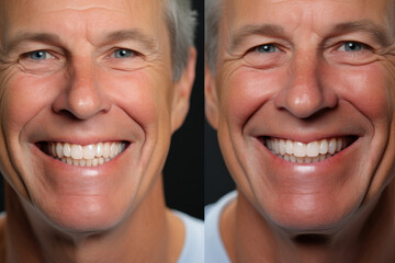A before-and-after photo of a patient's smile transformation with dental implants. Concept of...