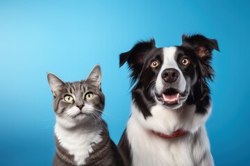 Striped tabby cat and border collie dog with happy expression together on blue background banner framed gazing at camera