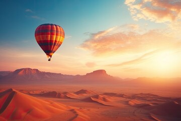 Sunrise desert landscape with a hot air balloon representing travel inspiration success dream and flight