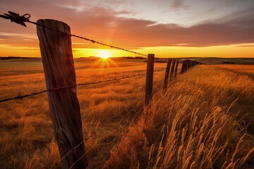 Sunrise over Alberta s prairie grasslands behind a wooden barbed wire fence - obrazy, fototapety, plakaty