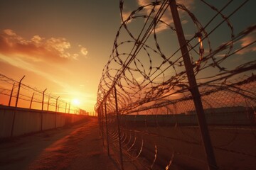 Sunset prison fence with barbed wire - obrazy, fototapety, plakaty