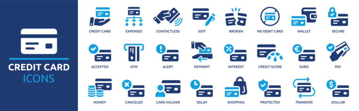 Credit card icon set. Containing payment, accepted, secure, money, contactless, ATM, wallet and more. Solid vector icons collection.