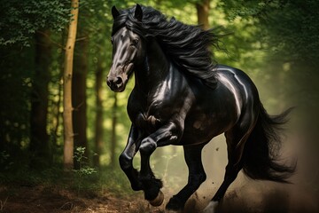 Obraz na płótnie Canvas Stunning Friesian horse portrait in the woods